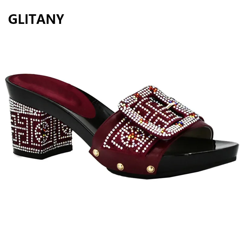 Latest Wine Color Elegant Crystal Women Shoes Wedding Woman Low Heels