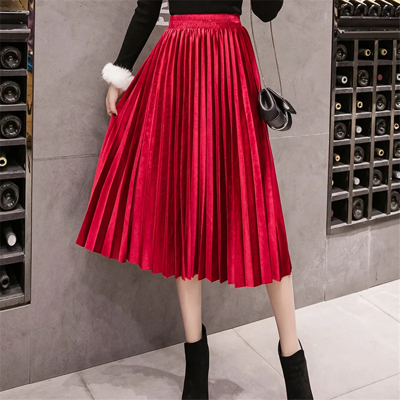 

Pleated Skirt Women Elegant Women Velvet Skirt Plus Size Autumn Winter Woman Midi Long Skirts Faldas Mujer Moda 2019 OL Skirts