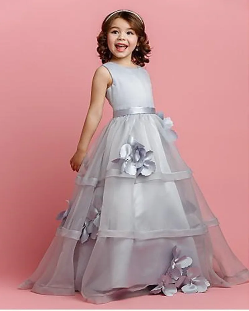 Silver Long Flower Girl Dress with Appliques Sleeveless Sleeveless