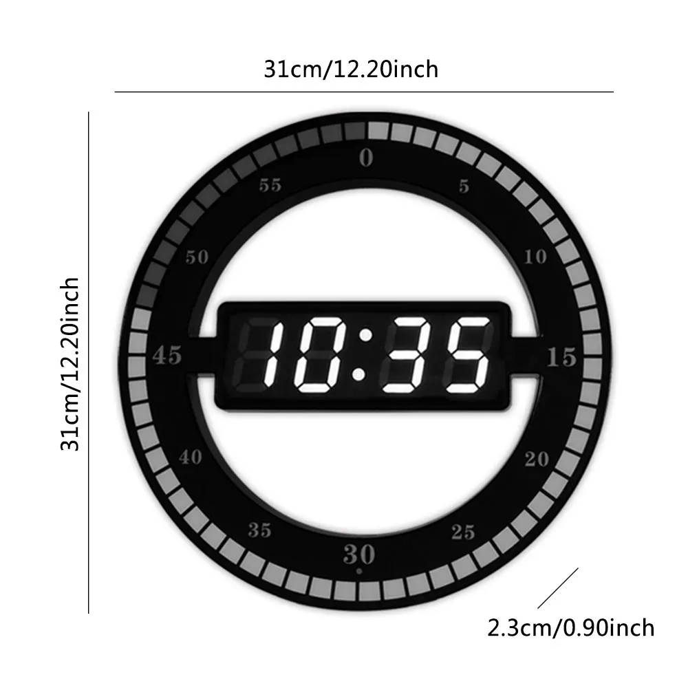 

Digital Led Display Desktop Table Clock Creative Mute Hanging Wall Clock Black Circle Automatically Adjust Brightness
