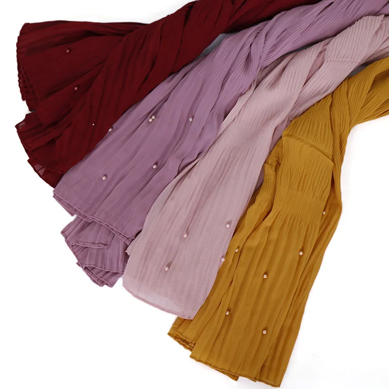 

New Women Plain Oversized Bubble Chiffon Scarf Hijab Wrap Wrinkle Beads Stitch Shawl Headwear Muslim Hijabs Fashion Head Scarves