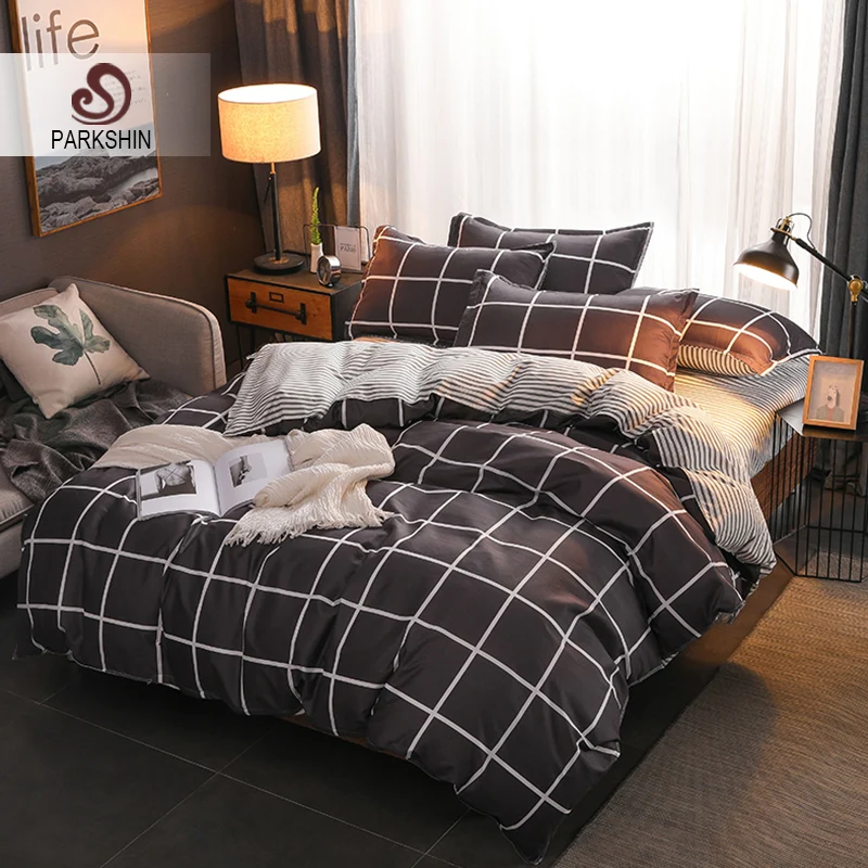 

ParkShin Black Whit Grid Bedspread Stripe Bed Flat Sheet Double Bedding Set Bed Linens Decor Home Textiles Adult Duvet Cover Set