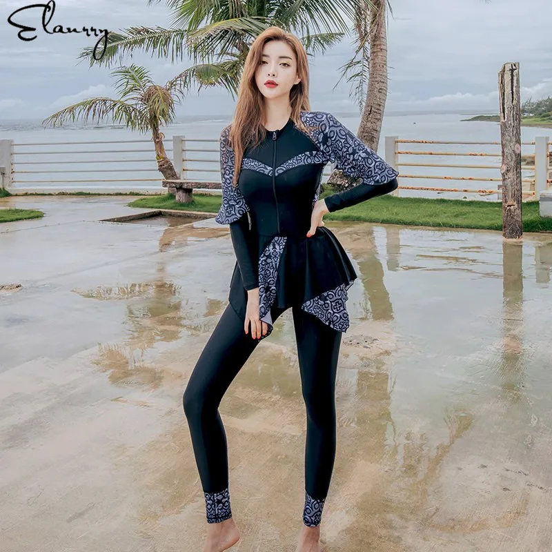 Female Surfing Suit Long Sleeves Print Bathing Suit 3 Pieces Padded Flouching Bodysuits Swimwear Beach Rashguards M-2XL