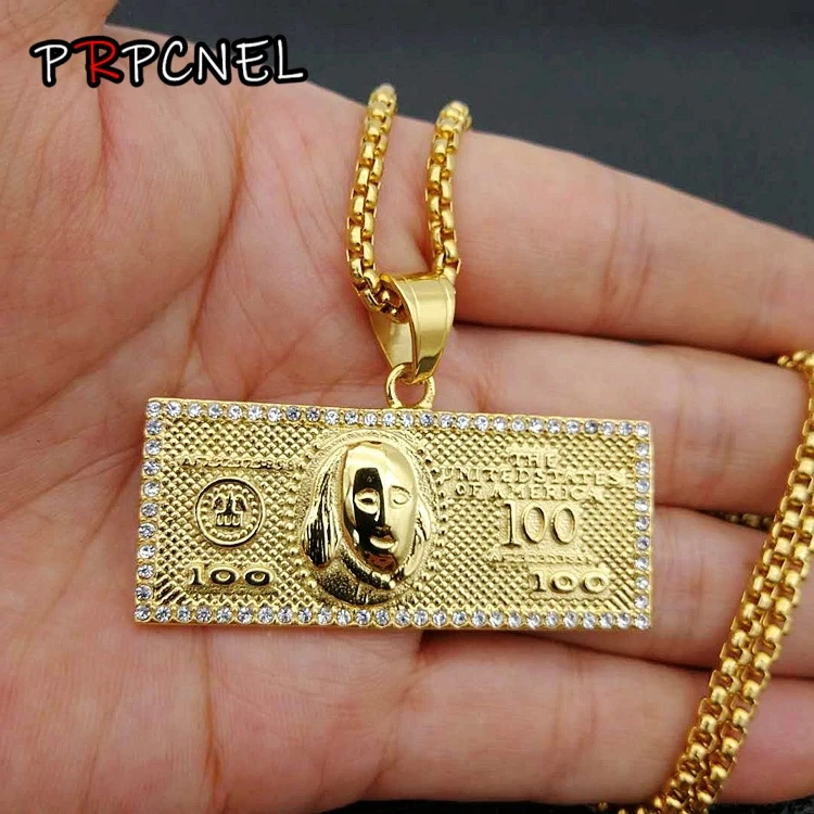 

HIP Hop zircon Gold Color Micro Pave Rhinestones 316L Stainless Steel US Dollar Sign Pendant & Necklaces for Men Jewelry