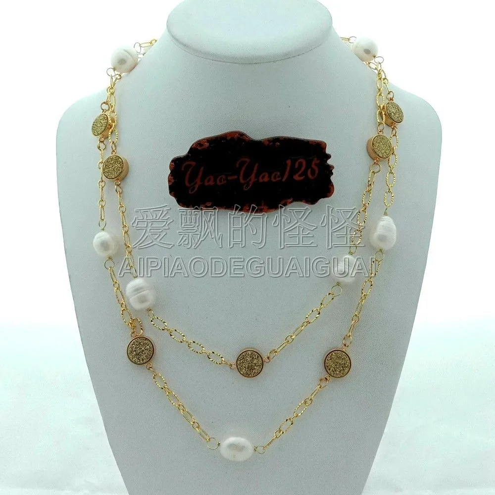 

Women's 40" White Rice Pearl Golden Titanium Crystal Drusy Chain Long Necklace