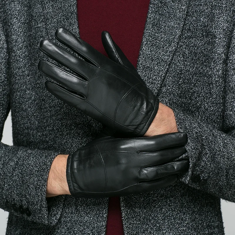 Klss Brand Genuine Leather Men Gloves Touchscreen Winter Locomotive Driving High Quality Fashion Black Goatskin Glove 305