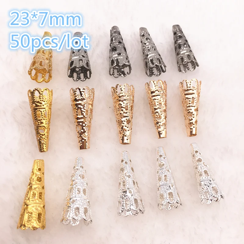 50pcs / lot 23 x7mm Alloy Caps Bead Hollow Out Flower Bugle Filigree Bead End Cap Cone Jewelry Making Components finder|Jewelry Findings & Components| - AliExpress