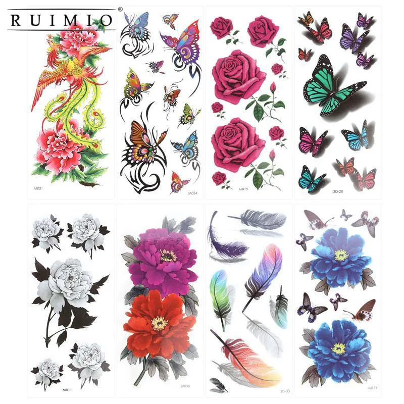 8 Feuilles Tatouage Temporaire Rose Pivoine Fleur Phoenix 3d