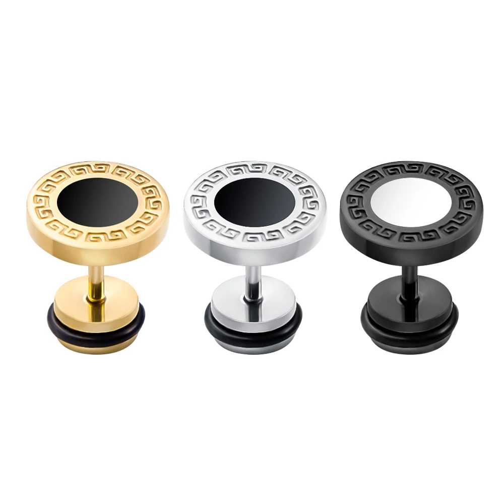 

1 Pair Fake Ear Plug Stainless Steel Ear Stud Earrings Male Black Stud Earrings Wall Texture Ear Piercing Earring brincos
