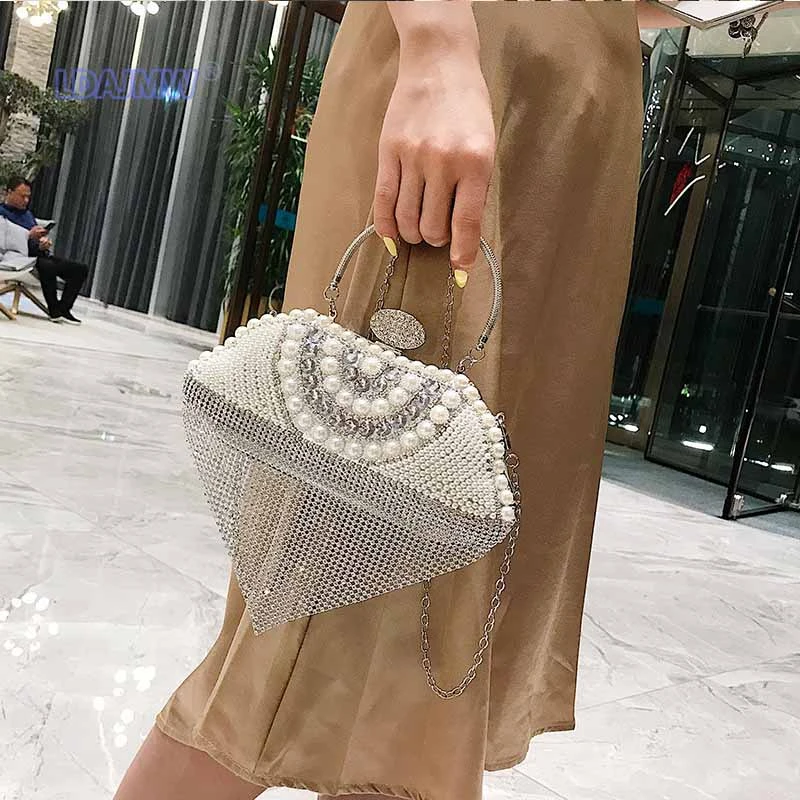 Newest tassel crystal women bag luxury imitation pearl evening bags wedding beaded day clutches small purse bag