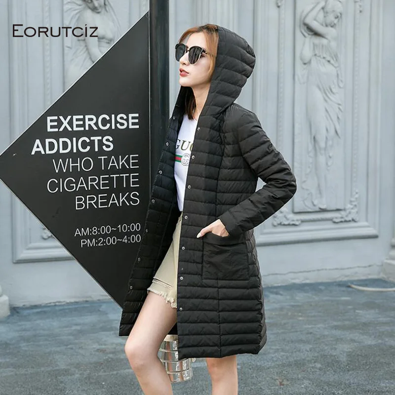 EORUTCIZ зима размера плюс 3XL длинный пуховик женский ультра светильник Куртка с Капюшоном Весеннее тонкое винтажное повседневное пальто LM403
