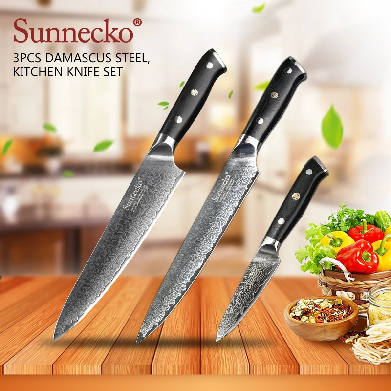 SUNNECKO 3PCS Kitchen Knives Set Chef Slicer Paring Knife 73-Layer Damascus VG10 Steel Sharp 60HRC Blade Cutting Tool G10 Handle | Дом и сад