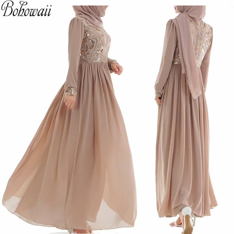 

BOHOWAII Soft Luxury Muslim Dress Sequins Lace Kaftan Dubai Women Long Sleeve Robe Islamique Arabic Islamic Clothing Abaya