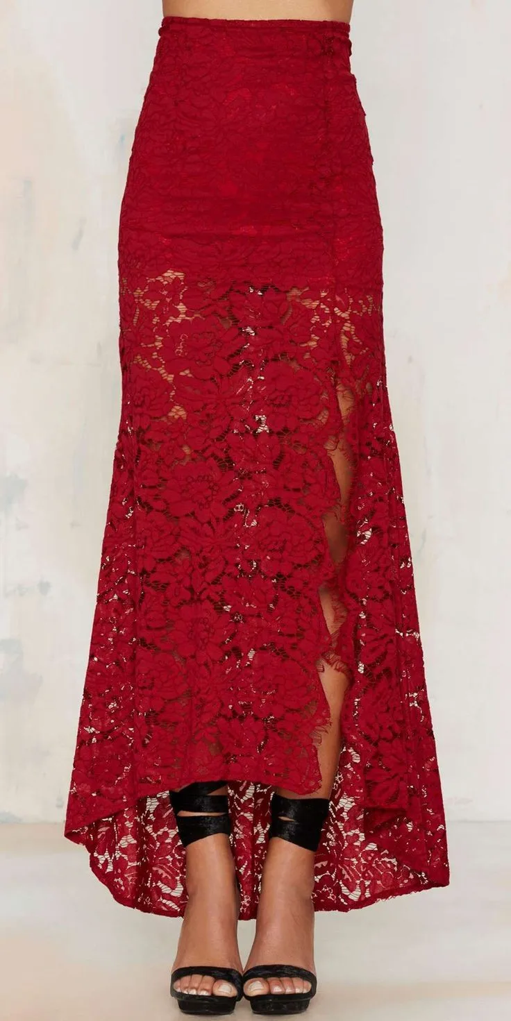 Illusion-African-Style-Red-Lace-Long-Skirts-Sexy-Side-Silt-High-Low-Skirts-Invisible-Zipper-High