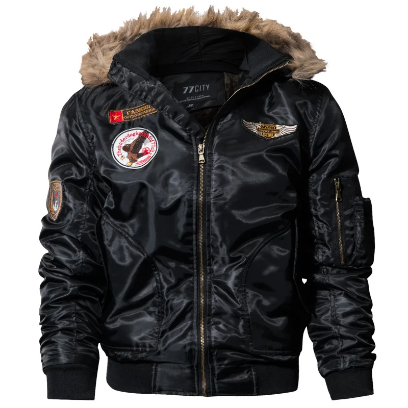 

2018 Men Bomber Jacket Winter Parkas Motorcycle Jacket Military Pilot Jacket Outerwear Hooded Faux Fur Collar casaco masculino