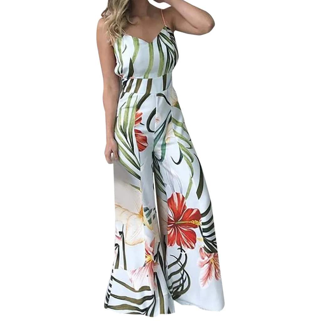 

Women Spaghetti Strap Leaf Print Wide Leg Bodycon Jumpsuit Sleeveless Streetwear Fashion Summer Bohe Style Jumpsuits YJJ1