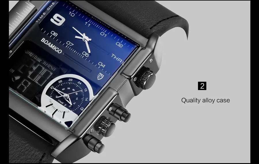BOAMIGO Brand Fashion Black Dial Man Watch 3 Time Zone Big Rectangle Men Sport Watches Leather Band Calendar Quartz Wristwatches (17)