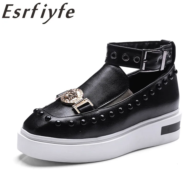 

ESRFIYFE New Women Classic Punk Rivet Decoration Loafers Tidal Current Metal Fastener Ornament Buckle Strap Flats for Lady