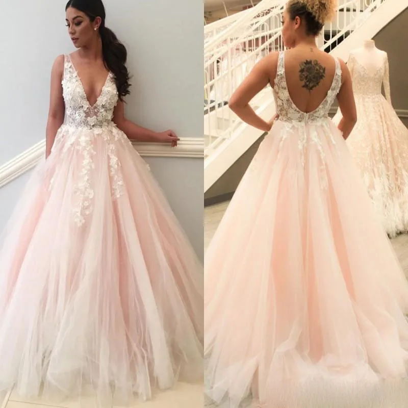 Best Promo 2019 Blush Pink Wedding Dresses Lace A Line V Neck Open