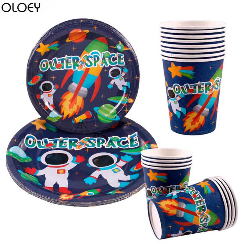 

1set Outer Space Planet Party Disposable Tableware Birthday Party Decor Kids Disposable Paper Plate Cup Astronaut Party Supplies