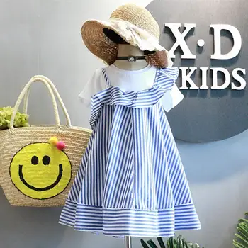 

Brand Cute Girls Clothes Summer Girls Dresses College Style Fake-2pcs Short sleeve Ruffles Striped Umbrella Princess Dress