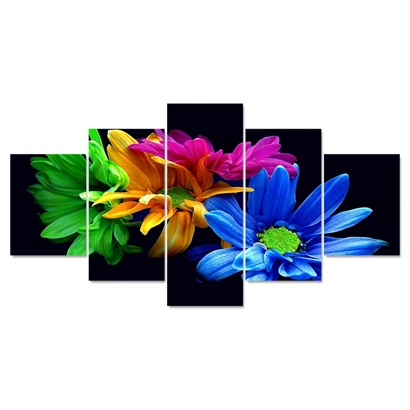QK ART 5 Panels Modern Canvas Art Blooming Colorful Flowers Wall Decor