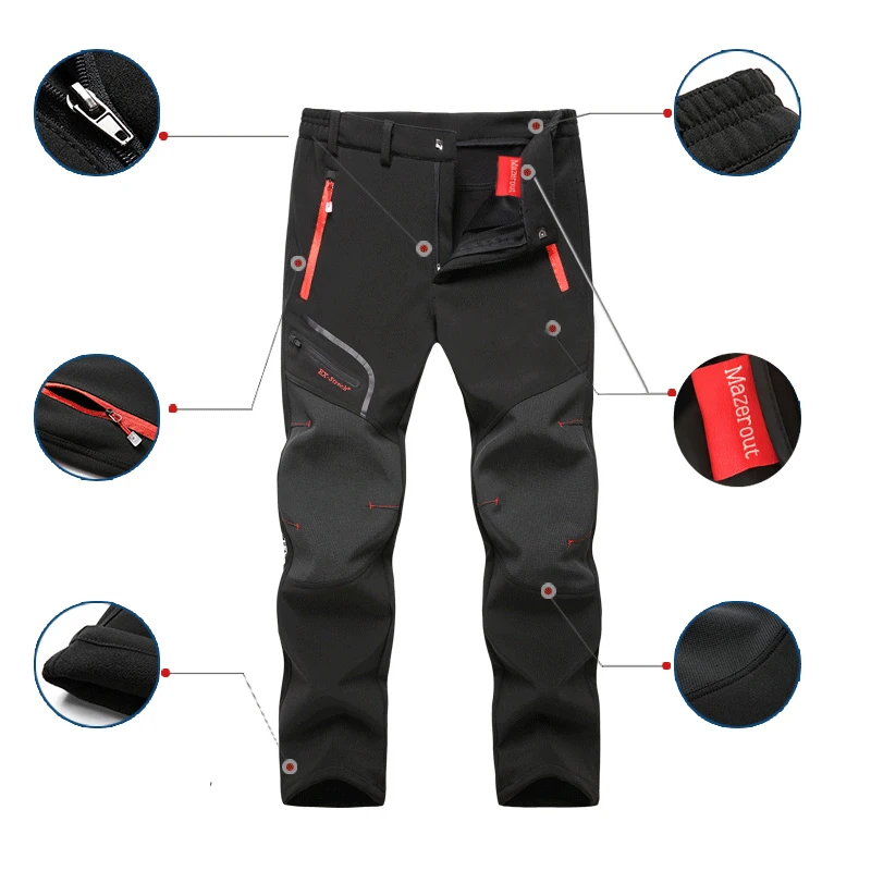 De gran tamaño de los hombres de invierno de Soft Shell pantalones campamento pescado Trekking subir senderismo deporte de formación de lana a prueba de agua al aire libre Pantalones