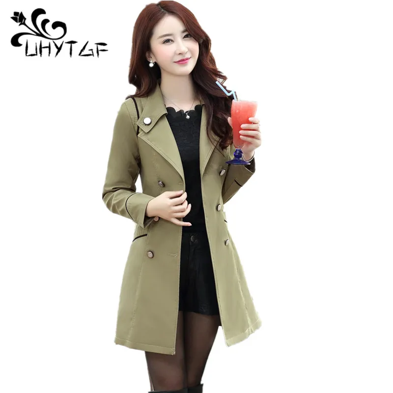 

UHYTGF Plus size coats Ladies Double-breasted Fashion Cardigan trench coat Korean women's Elegant female Windbreaker coat X90