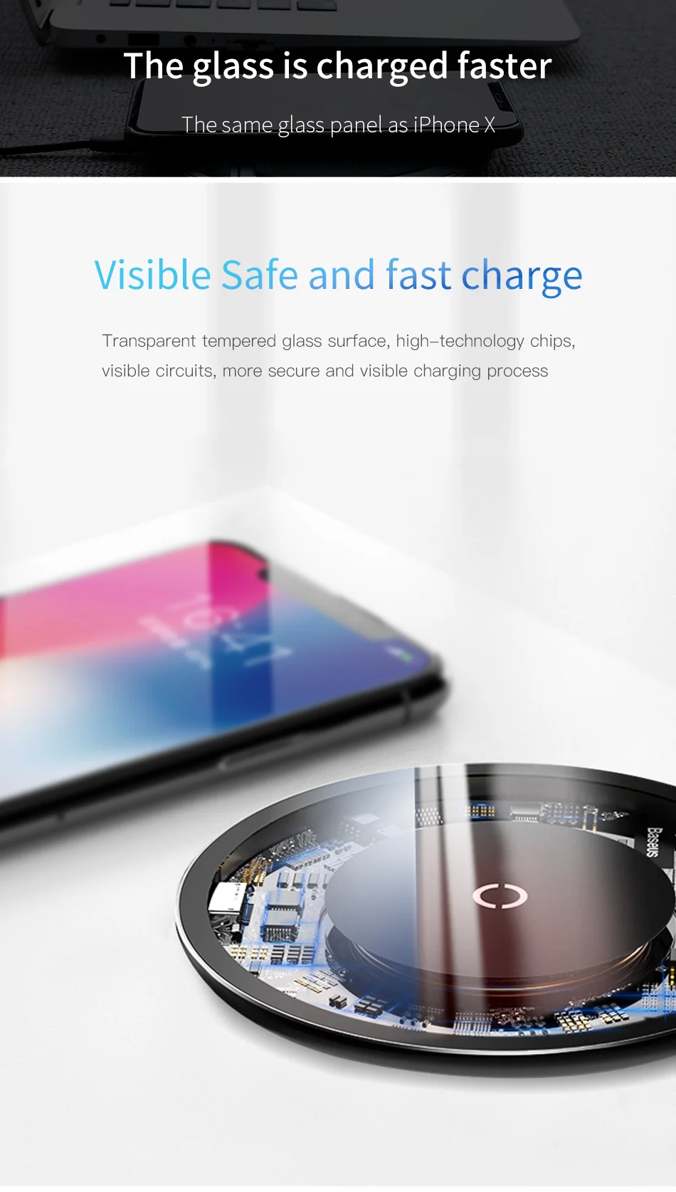 Baseus 10 Вт Qi Беспроводной Зарядное устройство для iPhone X/XS Max XR, 8, 8 Plus, видимый быстро Беспроводной зарядного устройства для samsung S8 S9/S9+ Note 9 8