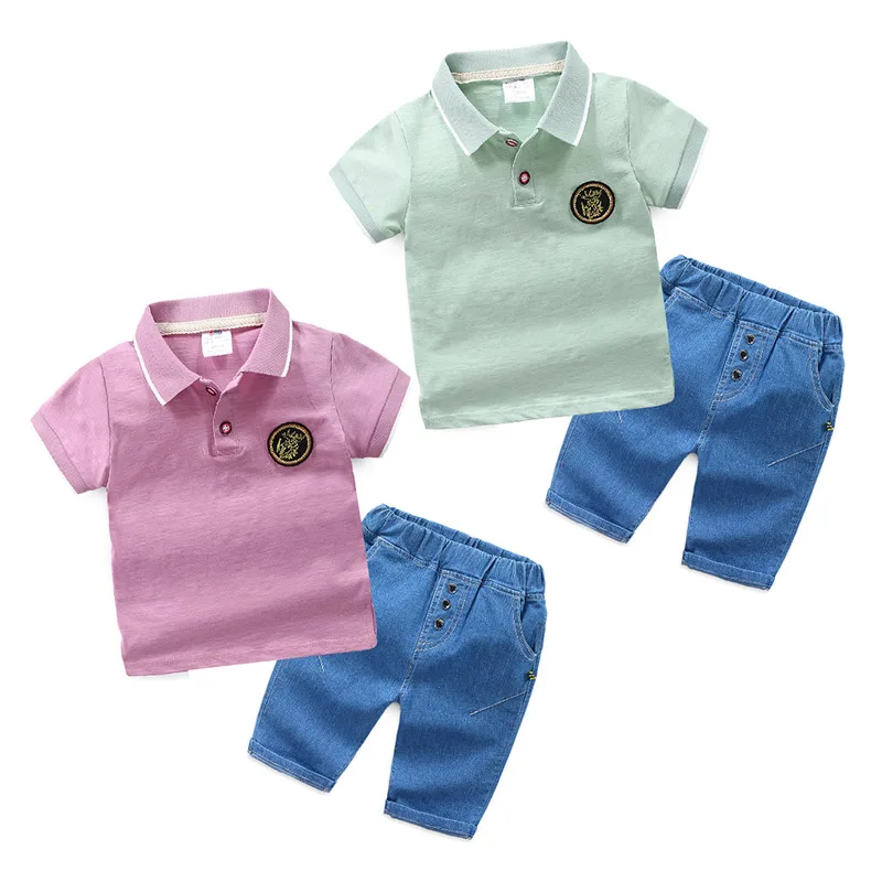 

Baby cotton sets boys clothes 2019 new summer children suite kid clothes Turn-down Collar T-shirt denim shorts two-piece set