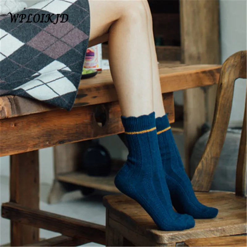

[WPLOIKJD] Japanese Color Socks Pile Lace Retro Wool Cotton Socks for Women Crew Harajuku Women's Socks Calcetines Mujer Meias