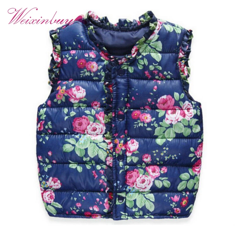 

Winter Outerwear Sleeveless Coats Flower Printed Thick Vest Jackets Baby Girl Warm Waistcoat