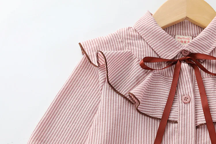 Autumn New Girls Long-sleeved Shirt Lotus Leaf Chiffon Pink Shirt College Wind Ribbon Bow Children's Fashion