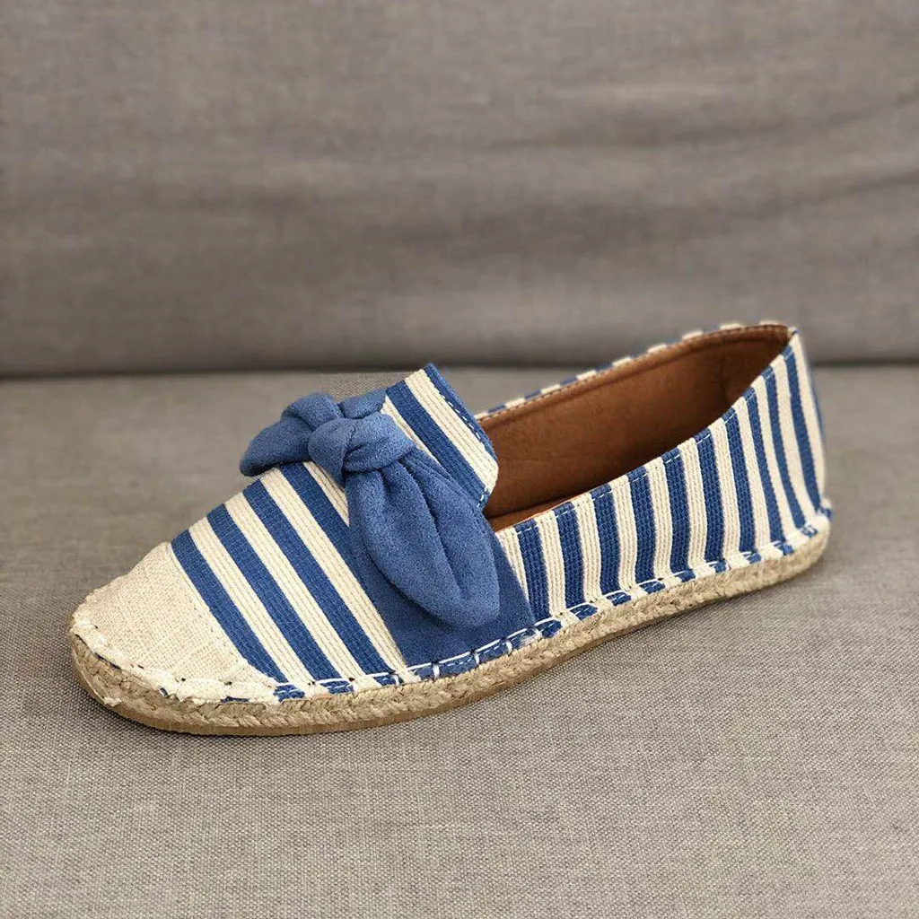 

MUQGEW Women's Sandals Shoes Strip Print Bow Knot Sewing Weaving Hemp Sole Flat Loafers Slip On Roman Canvas Casual Cloth Shoes