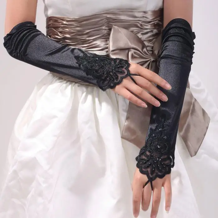 5 пара/лот Hig качественные вышитые перчатки без пальцев с вышивкой однотонные вечерние женские перчатки оптом - Цвет: Черный