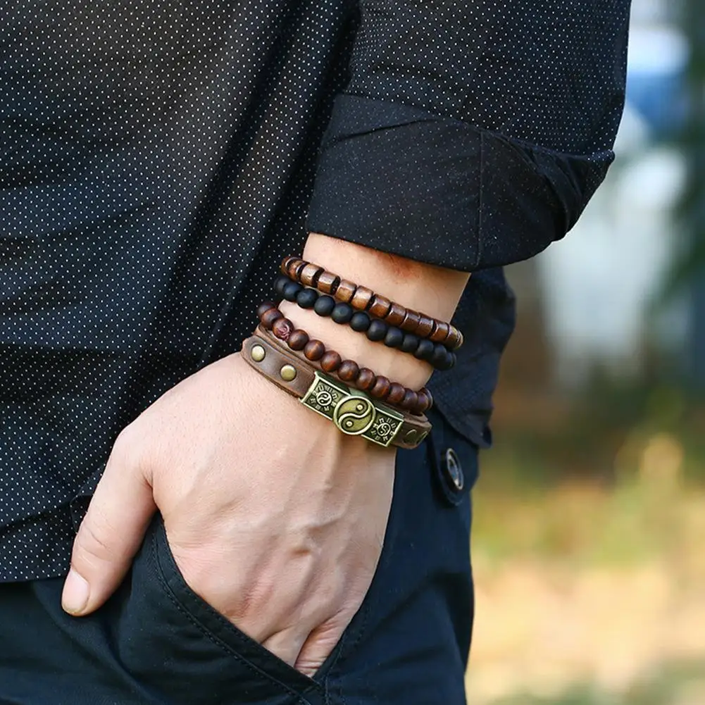 

4Pcs/Set Vintage Men Wood Bead Faux Leather Bracelet Adjustable Rope Jewelry