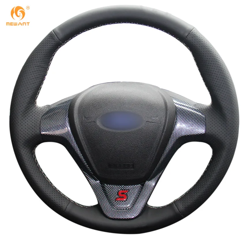 MEWANT Black Genuine Leather Car Steering Wheel Cover for Ford Fiesta