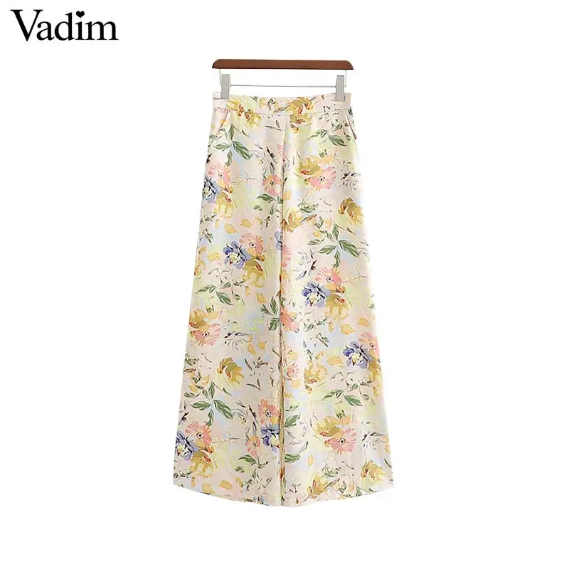 

Vadim women stylish floral print wide leg ankle length pant zipper fly design pockets female casual trousers pantalones KB050