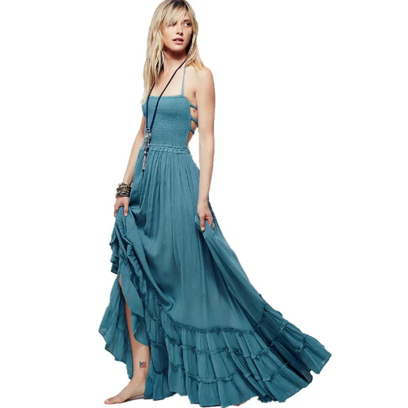Женское богемное шикарное длинное платье с лямкой на шее, длинное платье, платье на бретелях для девочек, шифоновое пляжное платье, сексуальное пляжное летнее платье