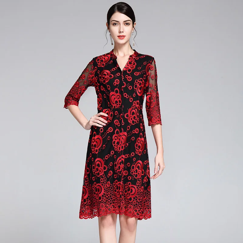 Платье размера XXXXL Vestidos сезон: весна-лето 1950 s стиль для женщин повторяющийся выдалбливают вышивка сетки 3/4 рукав Винтаж Ретро платье