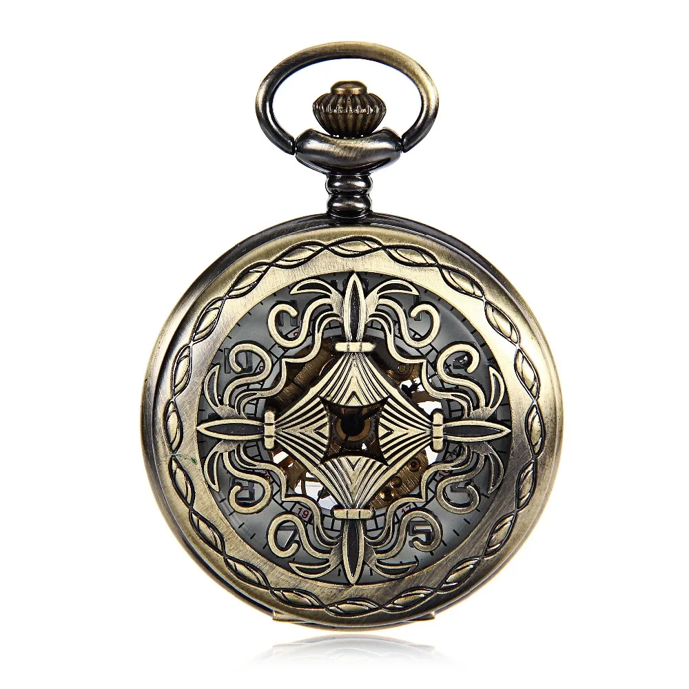 

Luxury Bronze Tone Case Chinese knot Mechanical Pocket Watch Men Women Carving Retro Transparent Glass Cover Chain Gift