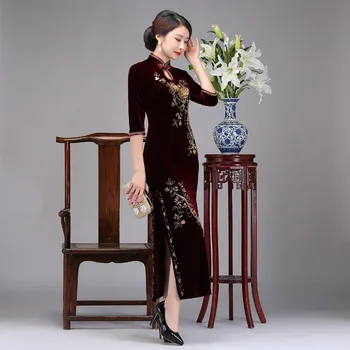 

women evening Sequined summer dresses casual banquet Wedding sexy club party velvet cheongsam dress plus size red floral slim