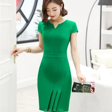 Летние модные женские Рабочие Платья с коротким рукавом, женское офисное платье, облегающее зеленое OL стильное платье
