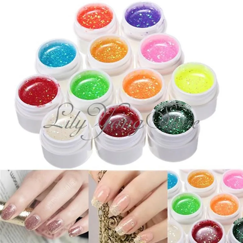 12 Pots Colors UV Gel Nail Art Tips Pure Fine Glitter Shiny Cover