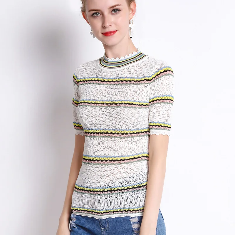

Micosoni 2018 Summer New Lace Collar Rainbow Stripe Hollow Sweater Short-sleeve Blouse for Women S-L Pink Black Yellow White S-L