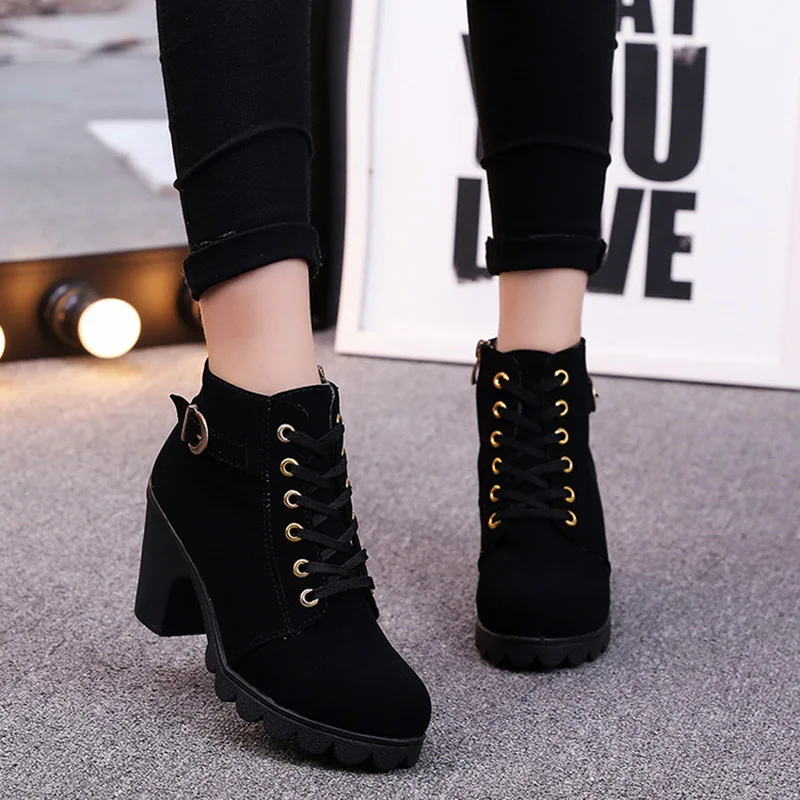 

New Winter Women Boots High Quality Solid Lace-up European Ladies Shoes PU Fashion High Heels Boots H-397