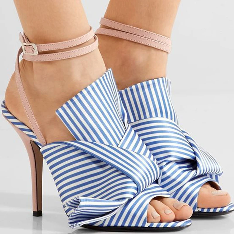 

Baimier Summer Striped High Heels Sandals Women Ankle Strap Gladiator Sandals Women Open Toe Bowtie Shoes Woman Plus Size 34-43