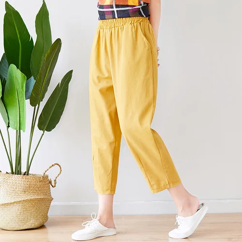Leisure Harem Pants Cotton Flax Women's Trousers Casual Capris  Elastic Waist Women Pants Yellow And Black Trousers  Korean