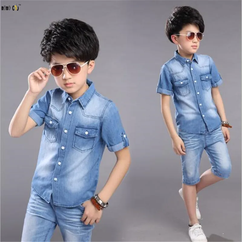 Комплект джинсовой одежды для мальчиков; летняя рубашка и брюки; Повседневная хлопковая детская одежда с короткими рукавами; Одежда для мальчиков; От 5 до 14 лет