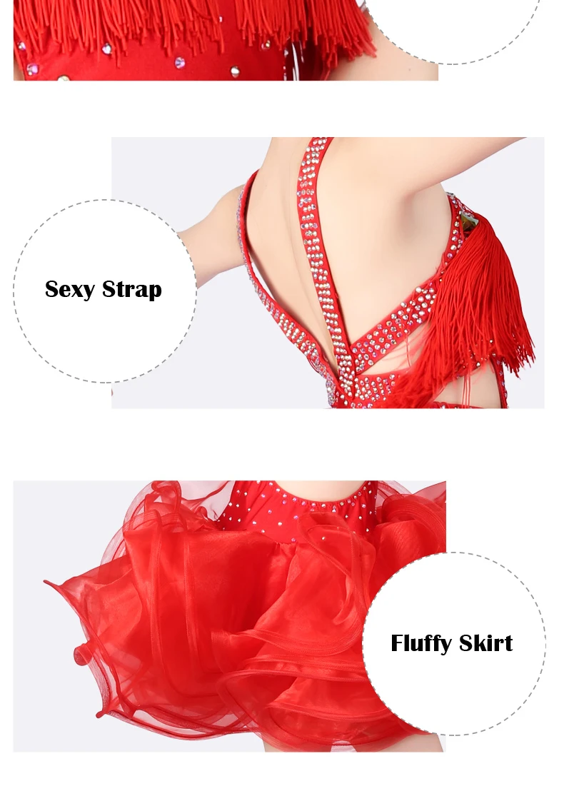 Сексуальное платье для латинских танцев, сальсы, румбы, сальсы, без рукавов, стразы, пышная юбка, сценическое платье с кисточками